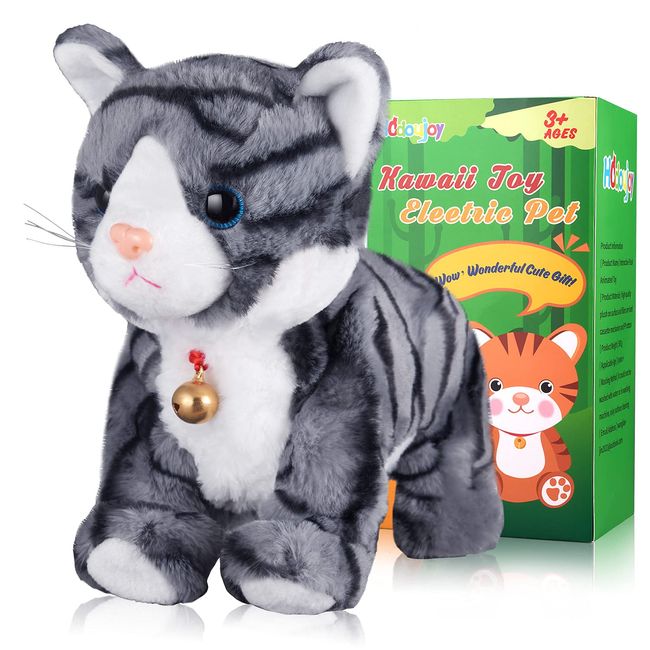 Pattern Gray Robotic Cat Toy for Kid That Move and Meow Purrs Touch Control Kitten Toys Animated Realistic Kitty Toys Kitten Robot Toy for Halloween Birthday H:12"