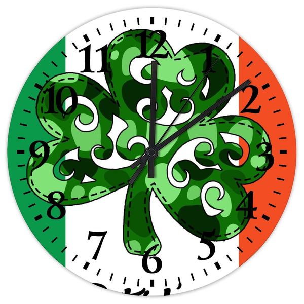 Happy St. Patrick's Day Wooden Wall Clocks 15 Inch, Irish Shamrock Ireland Flag Table Clock Non Ticking Round Arabic Numeral Clock for Home Living Room Office Decoration