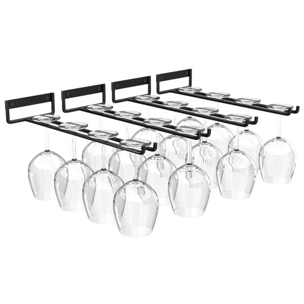 baowenbei Set of 4 Stemware Wine Glass Hanging Rack, Metal Wine Glass Holder Under Cabinet Organization and Storage for Kitchen Bar Decor