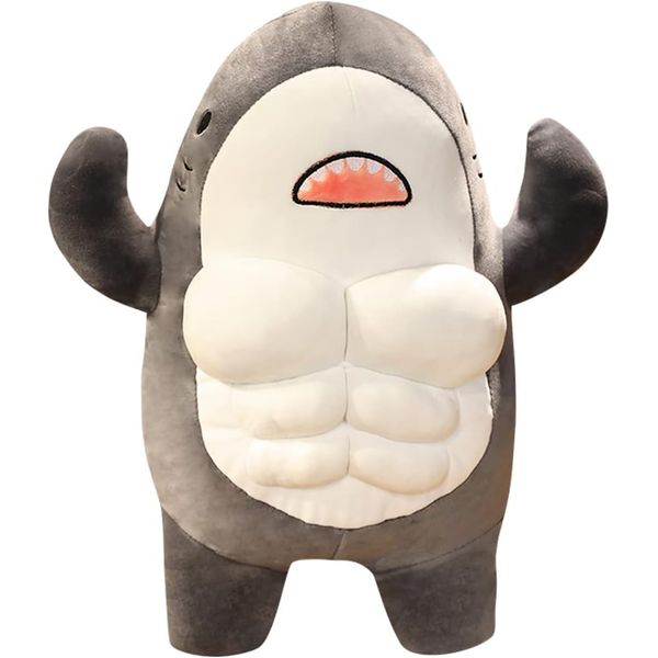 EXIGENT Kawaii Muscle Abs Teddy Bear Shark Buff Plush Cuddly Stuffed Animal Toy Figure (Shark_Gray)