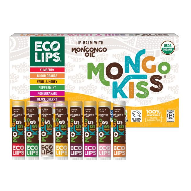 Mongo Kiss Organic Lip Balm Variety 8-pack with Mongongo Oil, Cocoa Butter to Moisturize Lips | Made by Eco Lips in USA