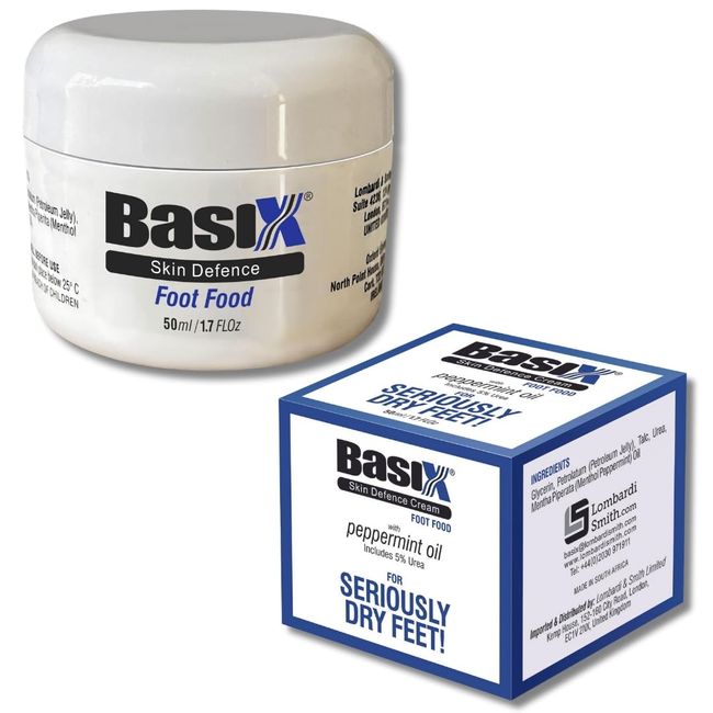 Basix Skin Defence Foot Food Foot Repair and Restoration Cream for Dry Feet and Cracked Heels with 5% Urea and Peppermint Oil Soothes, Repairs, Stimulates and Invigorates Tired Feet