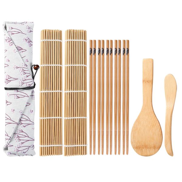 ZITFRI Sushi Set Sushi Maker Set für Anfänger, Sushi Selbst Machen Set inkl. 2 Sushi Rollmatte 1 Reisstreuer 1 Paddy Paddel 5 Paar Stäbchen 1 Beutel- 10 Teilen Sushi Matte Set