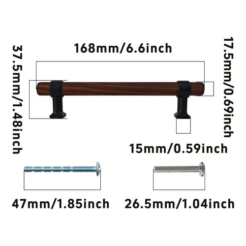 bociloy 4Pcs 6.6” Walnut Wood Drawer Pulls, 128mm/5 Hole Center, Kitchen Cabinet Hardware Handles, Metal and Wooden Cabinet Knobs, T Bar Knob Pull Handles for Wardrobe, Dresser, Cupboard