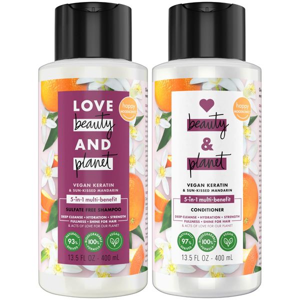 Love Beauty Planet Shampoo and Conditioner, Vegan Keratin & Sun-Kissed Mandarin - Sulfate-Free Shampoo & Conditioner, Clarifying, Hydrating, Shiny Hair Products, Scented, 13.5 Oz