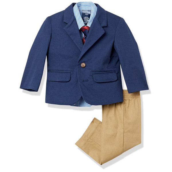 Nautica Baby Boys 4-Piece Suit Set with Dress Shirt, Jacket, Pants, and Tie, Navy/Khaki, 24 Months