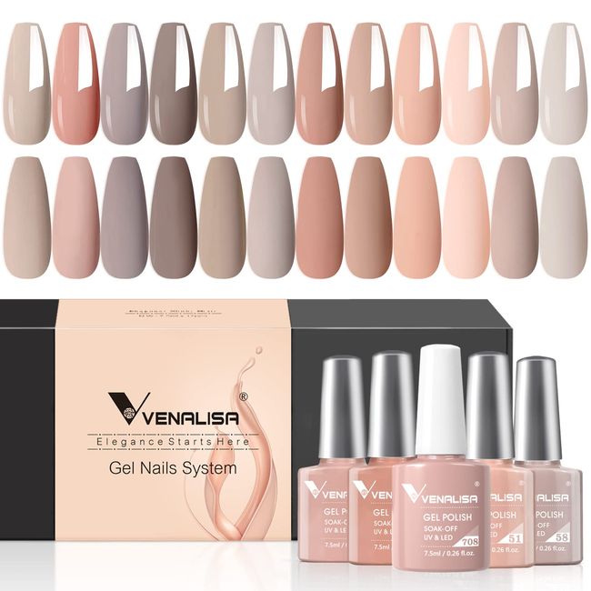 VENALISA Nude Gel Nail Polish Set，Gel Nail Polish Kit 12 Colors Pink Grey Beige Rose Natural Skin Tone Soak Off UV Nail Polish for beginner manicure at home