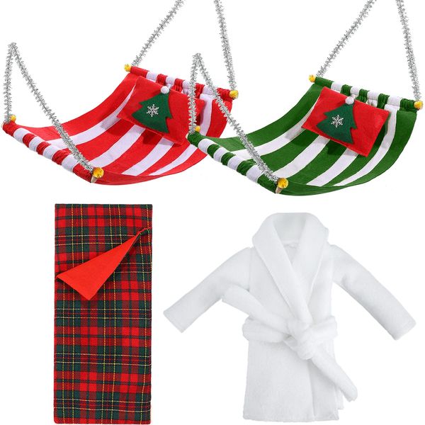 Zomiboo 4 Pieces Christmas Elf Doll Accessories Set Includes 2 Pieces Christmas Elf Hammock and 1 Elf Doll Bathrobe and 1 Red Green Plaid Sleeping Bag for Xmas Presents Decorations Play(Popular)