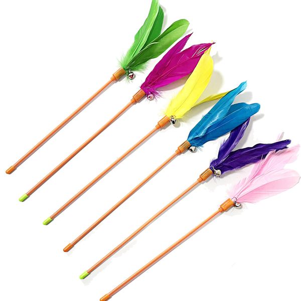 lpdrzka Cat Wands, 6 PCS Colorful Feather Cat Teaser Toys Interactive Cat Feathers Wand with Bell for Cat and Kitten