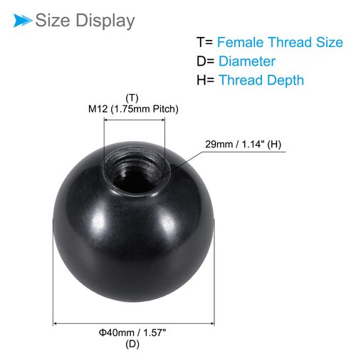 CoCud M12 Female Thread 40mm Diameter Plastic Metallic Hand Skew Grip Black for Lathe Machine Lever Handle 4pcs