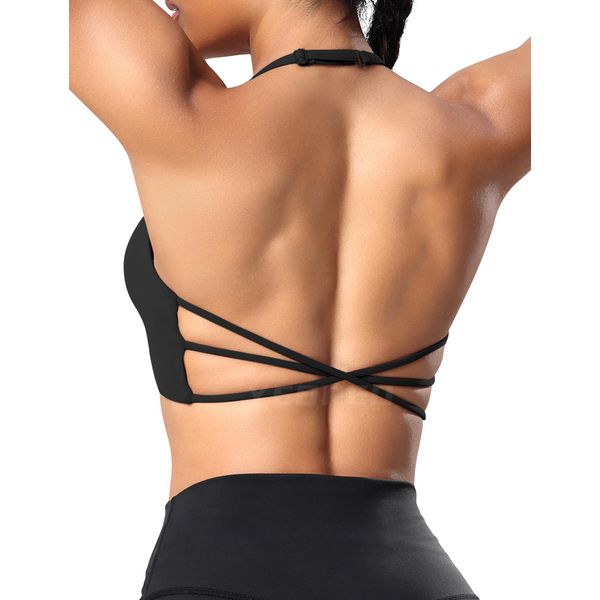 YEOREO Sport BH Damen Gepolstert Cross Back Spaghettiträger Rücken Verkreuzt Push Up BHS Gym Tops Sports Bra Schwarz XS