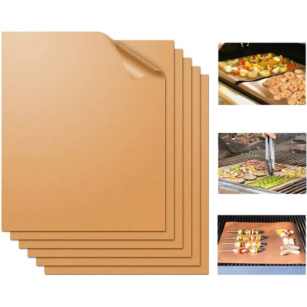 WIBIMEN Grill Mats for Outdoor Grill Set of 7, 100% Non-Stick BBQ Grill Mats & Baking Mats, PFOA Free, Heavy Duty, Resuable and Easy to Clean, Works on Gas Charcoal and Electric BBQ (7 Pcs) (Copper)