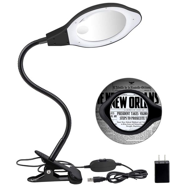 Dylviw Bright Light Desk Gooseneck Magnifier Lamp with Metal Large Clamp, Magnifying Glass with Adjustable Light for Daily Hobbies Repairing, Reading, Crafts