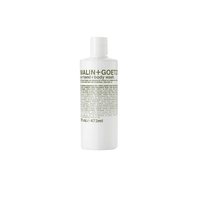 Malin + Goetz Rum Hand + Body Wash — cleansing, purifying, hydrating women and men’s , all skin types, dry, sensitive. No stripping or irritation. Cruelty-free and vegan 16 Fl oz