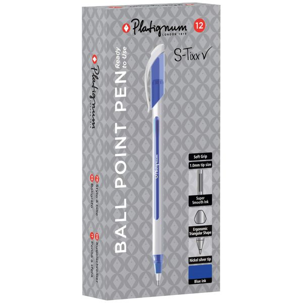 Platignum S-Tixx Blue Ballpoint Pen [Pack of 12] Soft Grip Barrel with LV Ink for Smudge-Free and Ultra-Smooth Writing [50512]