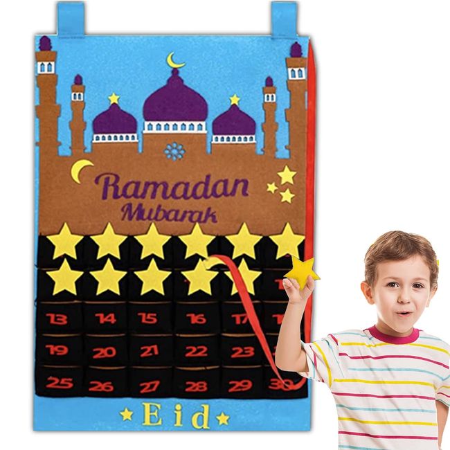 Ramadan Calendar, Eid Mubarak Countdown Kalender, 2024 Ramadan Kalender Dekorationen, Wandkalender 30 Tage Kalender mit Taschen, Ramadan Mubarak Adventskalender für Kinder Eid Mubarak Party