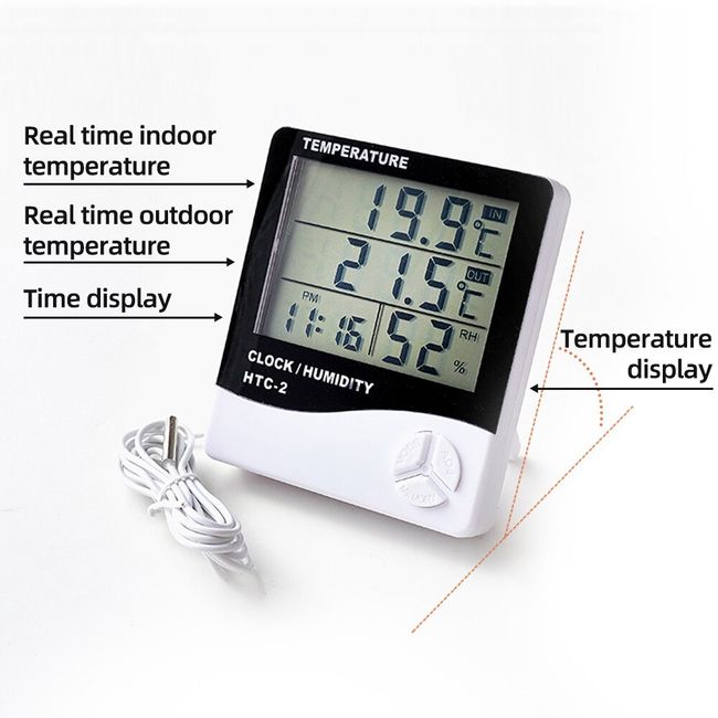 HTC-1 Digital LCD Thermometer Hygrometer Humidity Meter Room Indoor  Temperature Clock