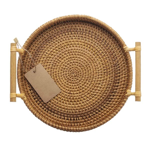 DOKOT Rattan Round Serving Tray with Handles Woven Bread Cake Pastries Baskets (28cm diameter)