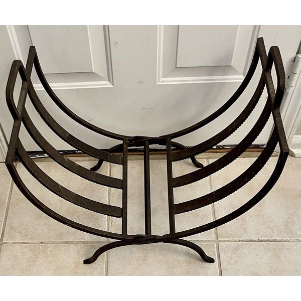 Fireplace Wood Log Holder Adjustable Solid Wrought Iron Heavy Folding Vtg EUC