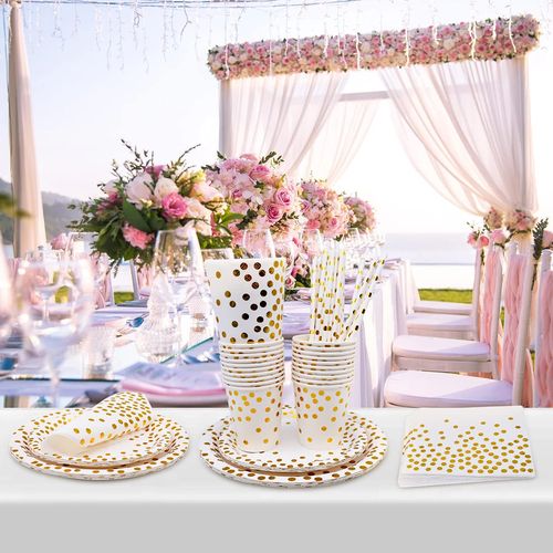 80 Pieces White Gold Party Tableware, Party Supplies Gold Foil Dot Plates Cups Straws Napkins, Paper Disposable Dinnerware Set Paper Tableware for Birthday Wedding Anniversary Decorations (20 Guests)