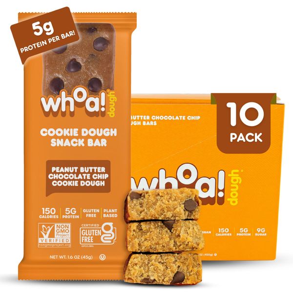 Whoa Dough Edible Cookie Dough Bars- Certified Non-GMO, Kosher and Gluten Free Bars - Healthy Snack Foods - Plant Based Snacks - Peanut Butter Chocolate Chip Cookie Dough - 10 Pack