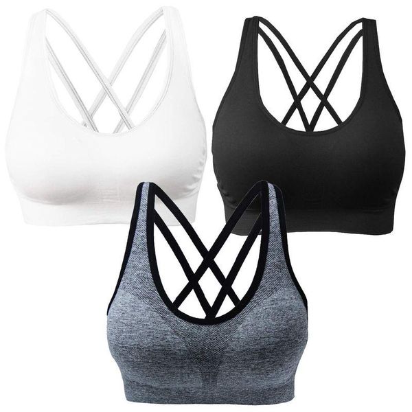 AKAMC Women&#39;s Medium Support Cross Back Non-Wired Removable Cup Yoga Sports Bra, 3 Pack, Black