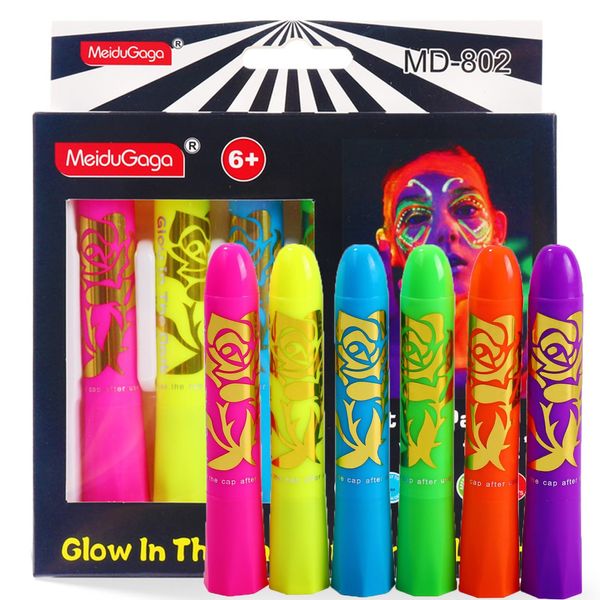 6 Pcs Fluorescent Face Painting Crayon Set,Face Paint Stick,Adult Kids Halloween Makeup Party Cosplay,Uv Face Paint,Neon Face Painting Crayons, Glow-In-The-Dark Face Painting (6pcs)