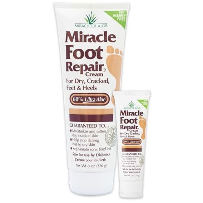 Miracle Foot Repair Cream 8 oz and 1 oz Combo Repairs Dry Cracked Heels and F...