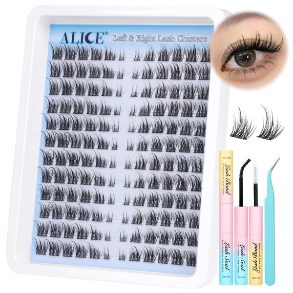 ALICE Cluster Eyelash Extension Kit Natural Left & Right Lash Clusters Kit Fluffy Wispy DIY Lash Extension Kit 144pcs 3D Fox Eye C Curl Eyelash Clusters Kit with Lash Glue Bond and Seal and Tweezers