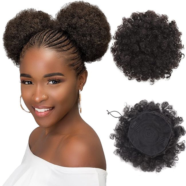 Afro Puff Drawstring Ponytail 2packs Fluffy Short Kinky Curly Hair Bun for Black Women (6INCH, 1B)