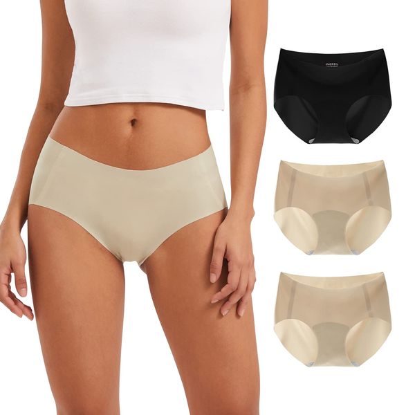 INNERSY Nahtlose Slips Damen Nylon Seamless Hipster Panties Unsichtbare Unterwäsche 3er Pack (M, 2 Beige/1 Schwarz)