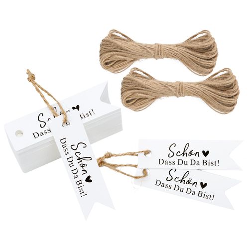 jijAcraft Pack of 100 Gift Tags, "Schön, dass du da bist" Kraft Paper Wedding Tags - 7 x 2 cm with Jute String Hanging Tag Tags - for Wedding Decoration DIY