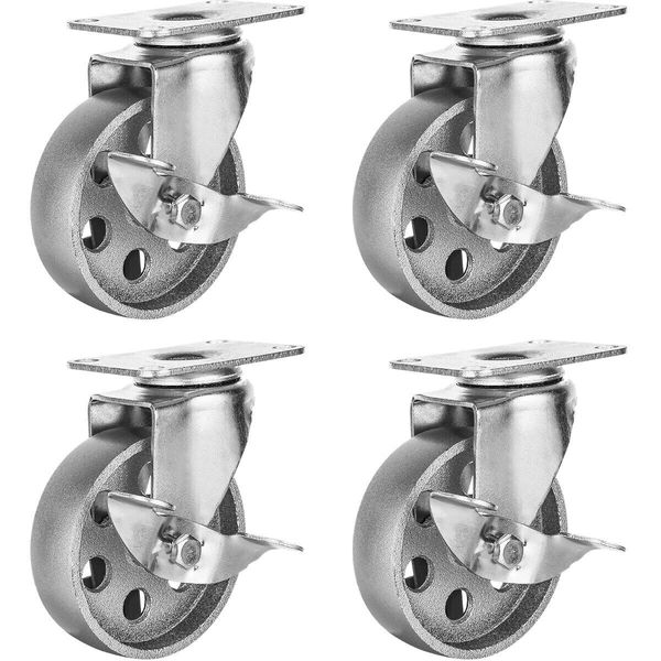 4 All Steel Swivel Plate Caster Wheels with Brake Lock Heavy Duty Gray 4"