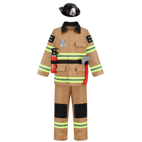 HAPNBCELE Firefighter Costume for Kids Fire Fighter Costume Pretend Play Firemen Dress up Set with Hat Jacket Pants Badge Belt Axe Fire Extinguisher(Brown,8-9 Years)