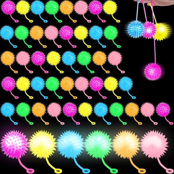 Sonarun 40 Pcs 2.6 Inch Light Up Bouncy Balls LED Spike Ball with Rope Grows in The Dark Multicolor Flashing Balls for Birthday Party Gifts Classroom Prizes