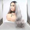 Ombre Gray 2 Tones Synthetic Lace Front Wig Dark Roots Long Loose Wave Silver Grey Replacement Hair Wigs For Women Heat Resistant Fiber Hair Half Hand Tied (24 Inch, loosewave/lace front wig)