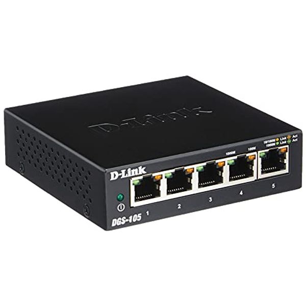 D-Link Ethernet Switch, 5 Port Gigabit Unmanaged Metal Desktop Plug and Play Compact (DGS-105)