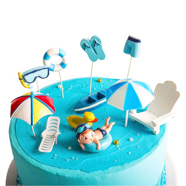 11 Pcs Swimming Pool Cake Decoration Beach Cake Toppers Hawaiian Beach Chair Umbrella Cake Decoration for Swimming Pool Summer Beach Birthday Party Supplies,Blue