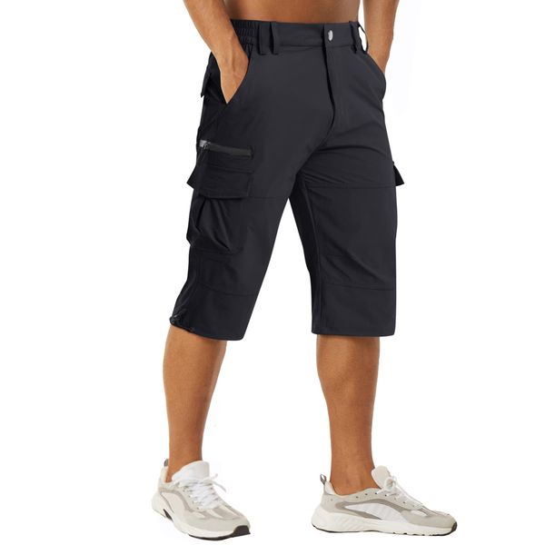 MAGCOMSEN Herren 3/4 Outdoor Hose Leicht Sommer Bermuda Schnell Trockend Cargo Short Herren Stretch Multi Taschen Radhose Wandern Dreiviertel Hosen Schwarz 36