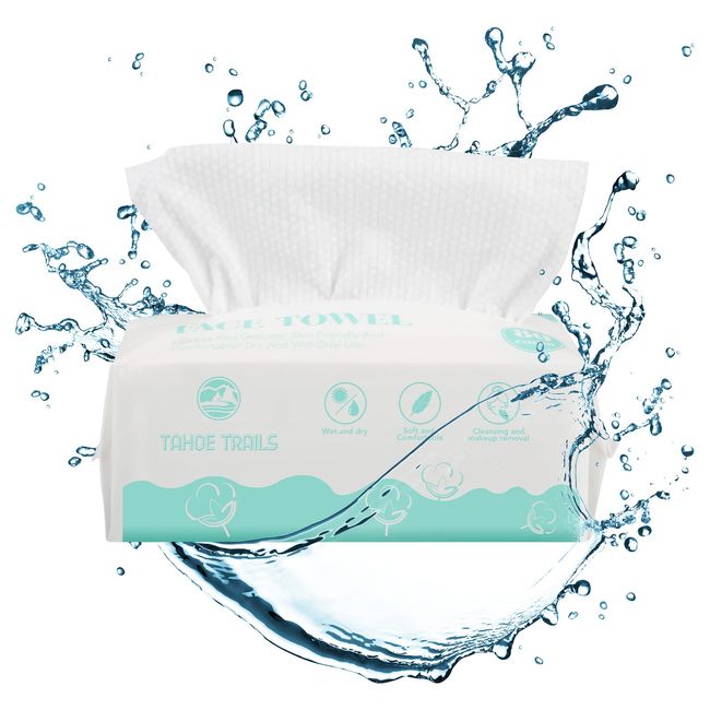 Tahoe Trails Disposable Face Towel, Soft Dry Wipe, Lint Free, Dry Wet Use for Sensitive Skin, Cotton Facial Tissue, Makeup Removing, Surface Cleaning 7.87*7.87inch, 80Count