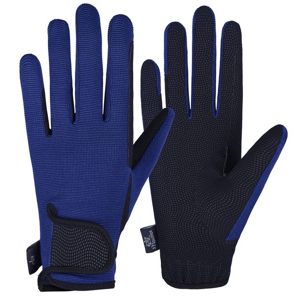 AFE Ladies Horse Riding Gloves Track Fabric Gloves Synthetic Leather Equestrian Black Stretch Fabric Navy Blue (Medium)