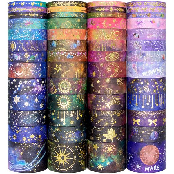 Biuunsf 52 Rollen Washi Tape Set, Goldfolie Galaxy Washi Tape für Journaling Supplies, 4 Größen Washi Tapes für Scrapbooking, DIY Journal Set, Handwerk, Geschenkverpackung, Malerei