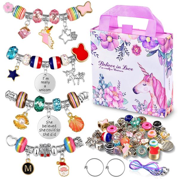 Girls Charm Bracelet Making Kit: Girl Toys Make Jewelry Supplies Set Unicorn DIY Craft Art Set Charm Bracelets Kits Creative Birthday Gifts for Girl Age 6 7 8 9 10 11 12 Year Old Kids Little Children