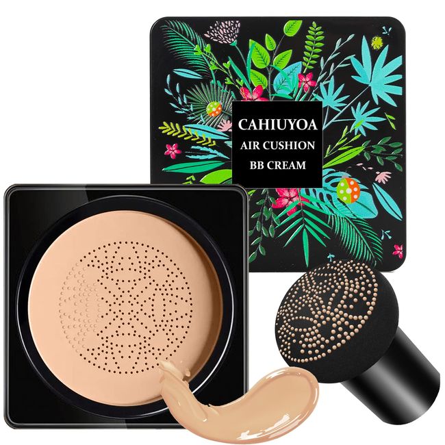 Mushroom Head Air Cushion CC Cream,CAHIUYOA BB Cream Foundation Full Coverage Concealer Long Lasting Liquid Matte Makeup Foundation with Mushroom Makeup Sponge-Natural