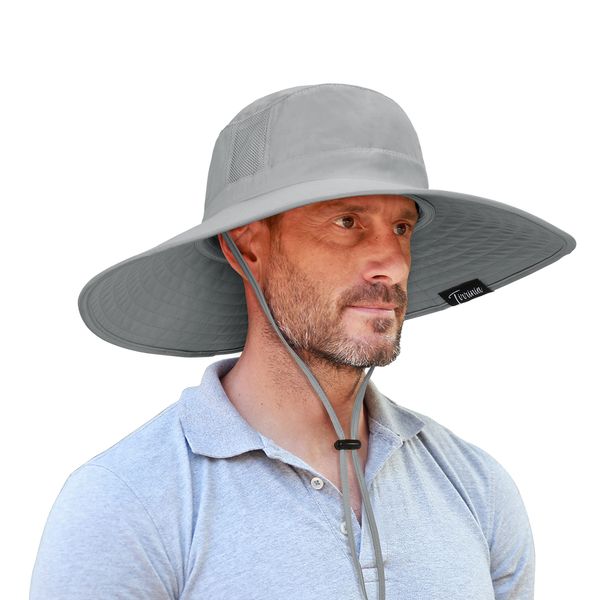 Men Safari Sun Hat Wide Brim Boonie Fishing Cap with Adjustable Drawstring Grey