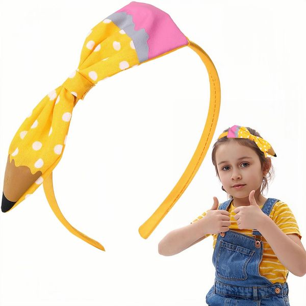 HIFANMM Back to School Headband Yellow Pencil Hair Accessories for Women Girls Wave Point Big Bow Hair Decoration Students Teachers Outfits Non Slip Hair Band First Day of School Decor Supplies 1 Pcs