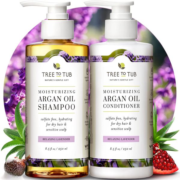 Tree To Tub Hydrating Sulfate Free Shampoo and Conditioner Set for Dry Hair, Dry Scalp, Frizz - Moisturizing Argan Oil Shampoo and Conditioner for Women & Men w/Organic Aloe Vera All Natural Lavender