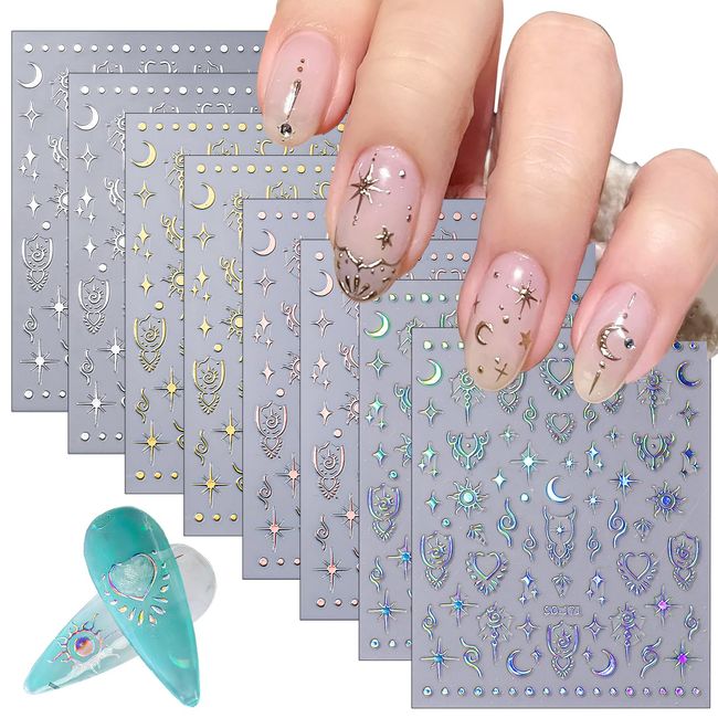 CHANGAR 8 Sheets Moon Star Nail Stickers for Nail Art Sun Totem Nail Decals Holographic Laser Gold Silver Nail Stickers Boho Sun Stars Moon Heart Nail Art Designs Decals for Women Nail Decora