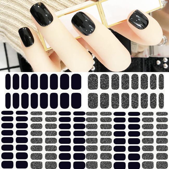 Black Nail Wraps Color Glitter Street Nail Strips Nail Art Polish Stickers Full Nail Wraps Self-Adhesive Solid Nail Art Decal Strips Sticker Nails for Women (8 Sheets 128 Pieces)