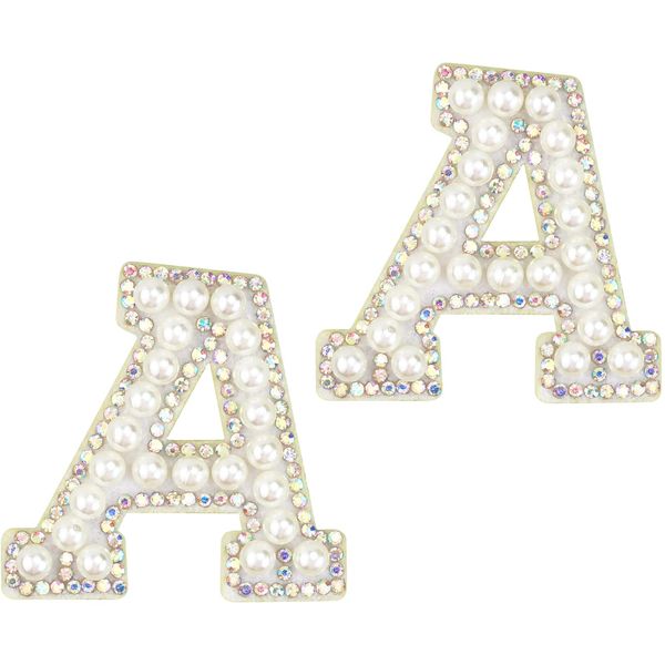 MY Storeone Sparkly Rhinestones and Elegant Pearls Iron On Patches for Clothing, A-Z Sew Decorative Letter Patch Glitter Alphabet Applique Rhinestone Pearl English DIY Craft Supplies (A-2Pcs)